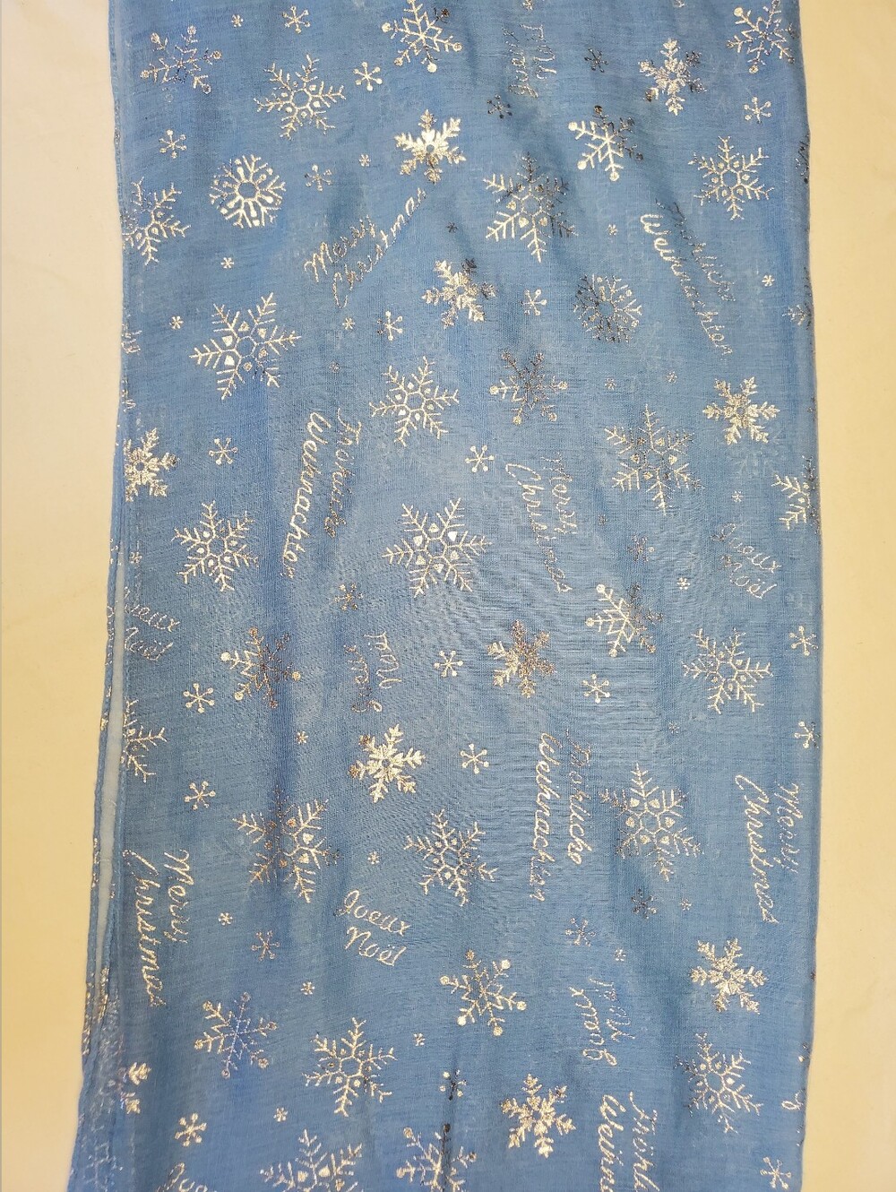 Blue Silver Foil Snowflake Scarf Merry Christmas Multilingual Lightweight